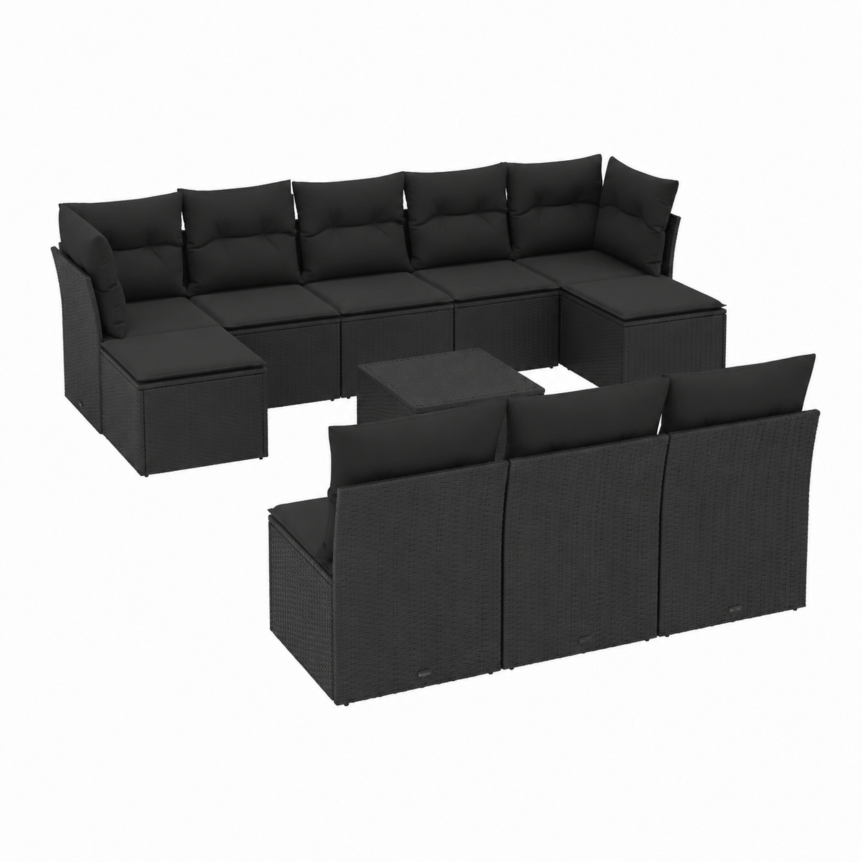 Ensemble de jardin 11 pièces avec coussins noirs en résine tressée