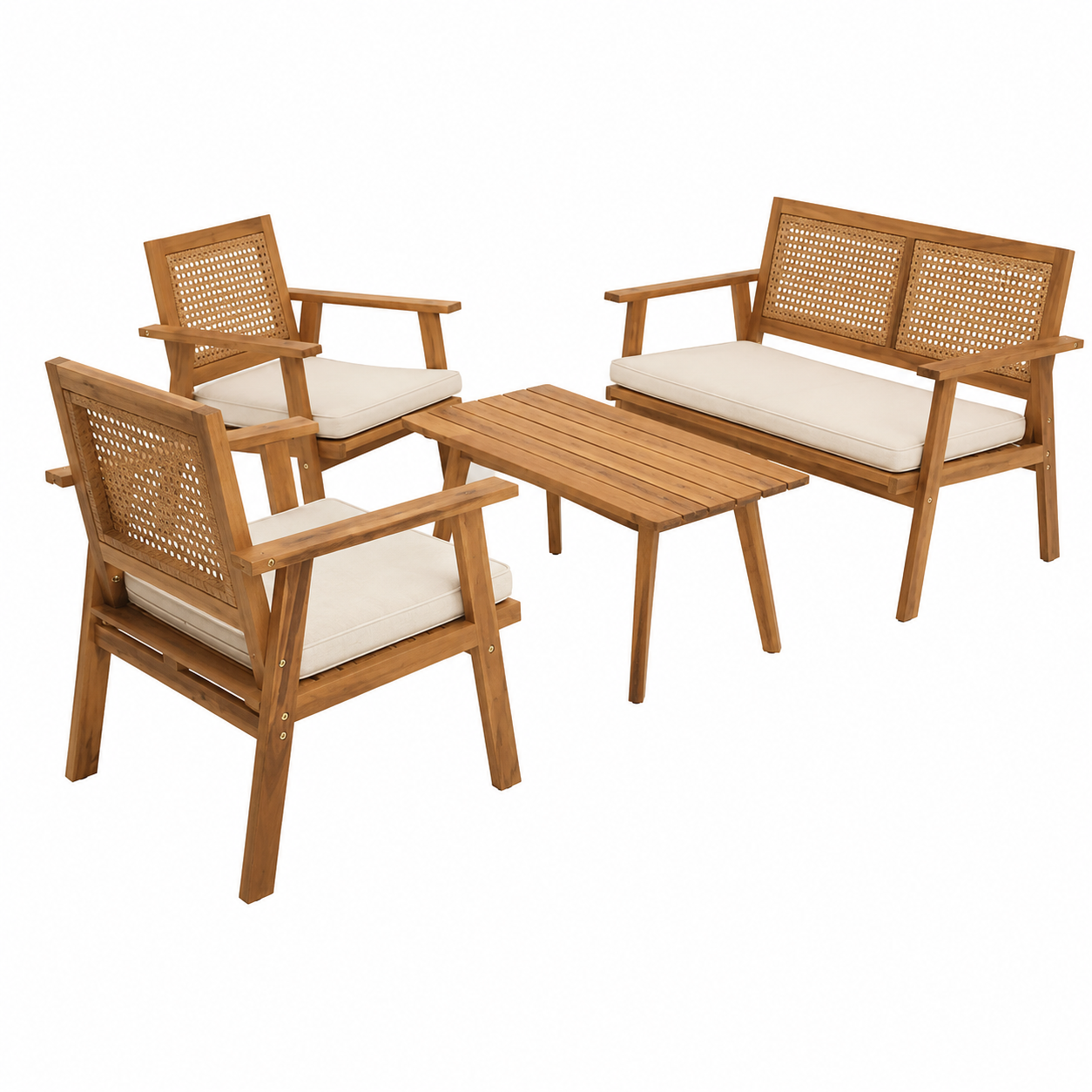 Ensemble de meubles d'extérieur 4 pièces avec coussins crème