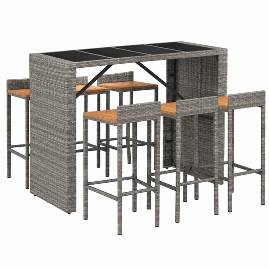 Mobilier de jardin 7 pièces en rotin gris et acacia