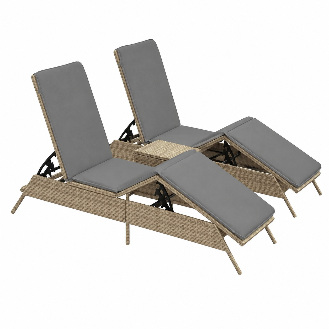Ensemble de 2 chaises longues avec table en résine tressée beige
