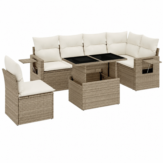 Ensemble de meubles de jardin en résine tressée beige 7 pièces avec coussins