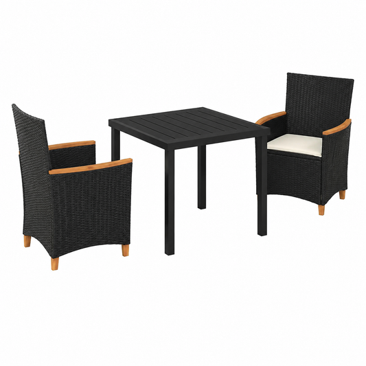 Ensemble de repas extérieur 3 pièces avec coussins en rotin noir