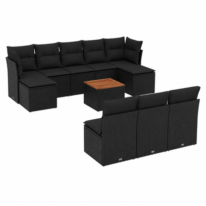 Ensemble de jardin 11 pièces avec coussins noirs en résine tressée