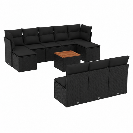 Ensemble de jardin 11 pièces avec coussins noirs en résine tressée