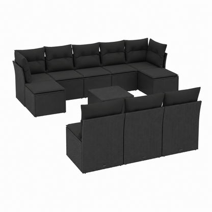 Ensemble de jardin 11 pièces avec coussins noirs en résine tressée