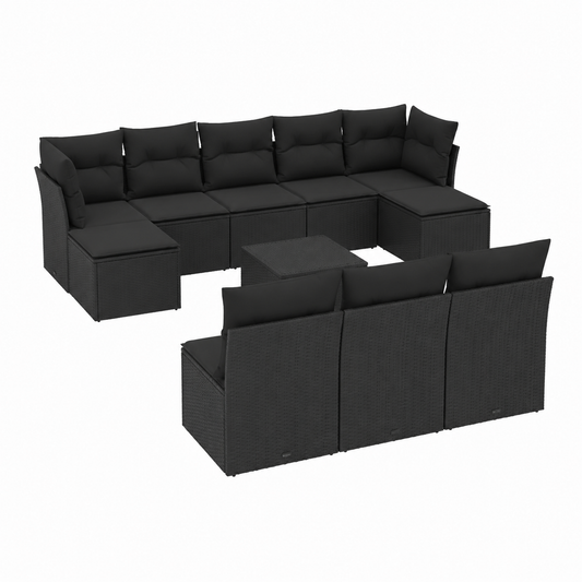 Ensemble de jardin 11 pièces avec coussins noirs en résine tressée