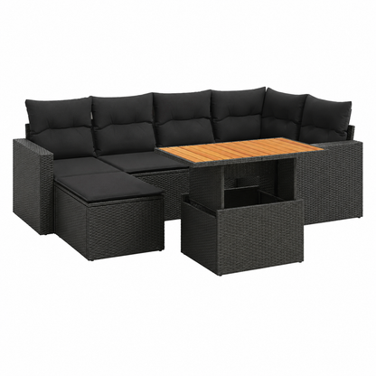 Ensemble de mobilier de jardin 7 pièces avec coussins noirs