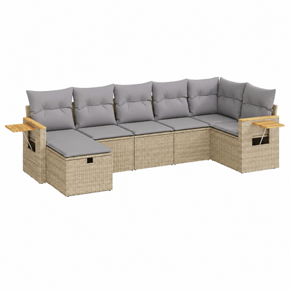 Ensemble de jardin 7 pièces résine tressée beige avec coussins