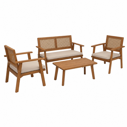 Ensemble de meubles d'extérieur 4 pièces avec coussins crème