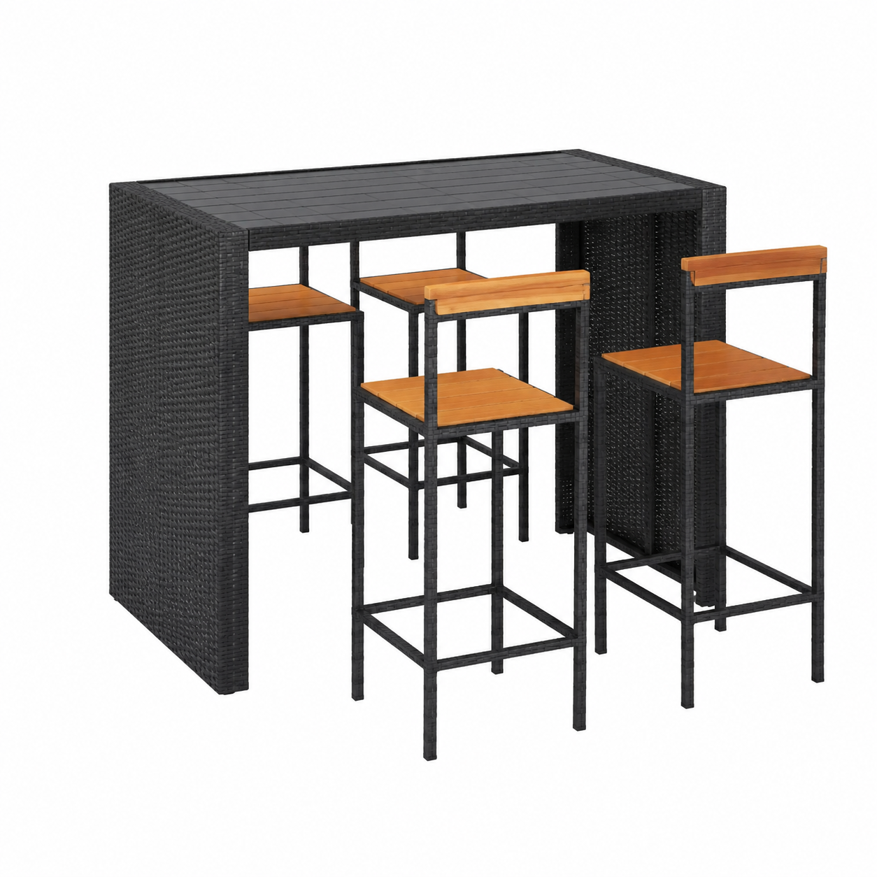 Ensemble de bar de jardin noir en rotin et acacia 7 pièces