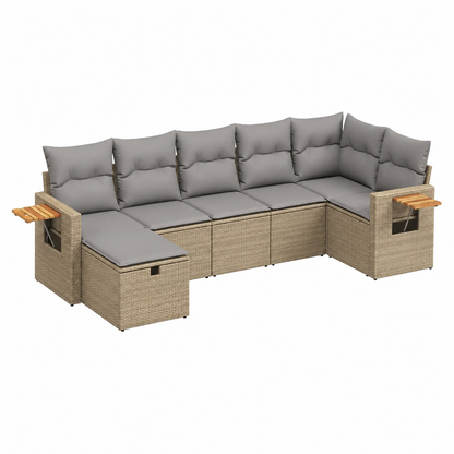 Ensemble de jardin 7 pièces résine tressée beige avec coussins