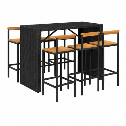 Ensemble de bar de jardin noir en rotin et acacia 7 pièces