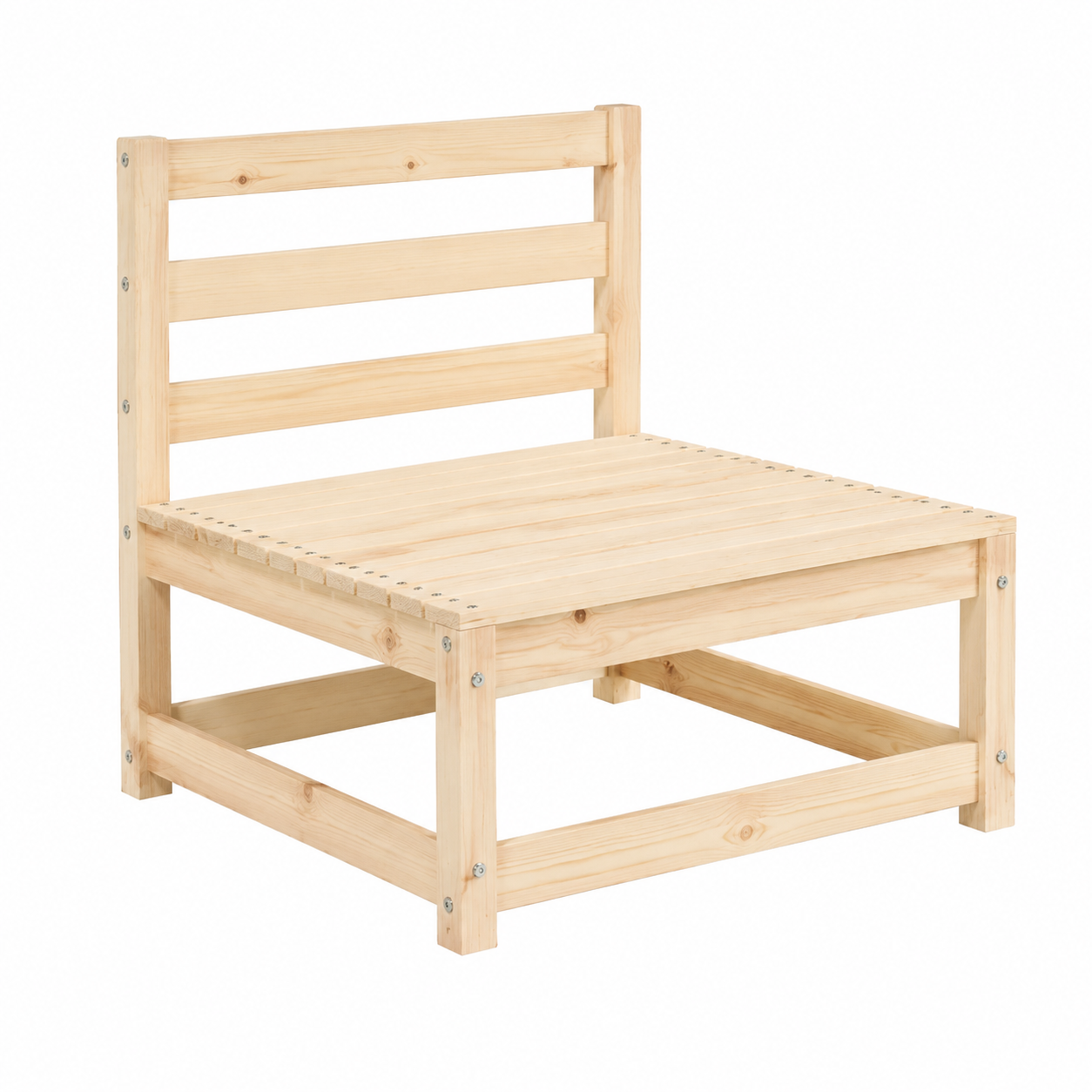Banquette extérieure en bois de pin sans accoudoirs et avec coussins