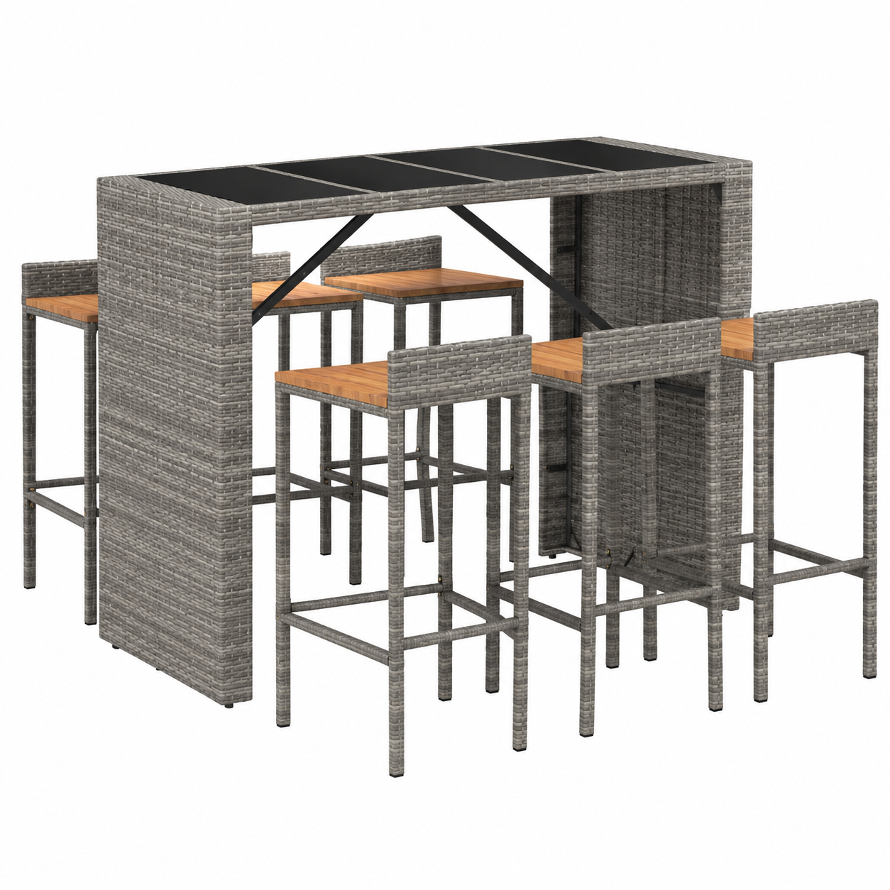 Mobilier de jardin 7 pièces en rotin gris et acacia