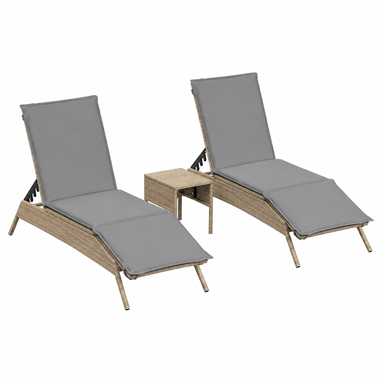 Ensemble de 2 chaises longues avec table en résine tressée beige