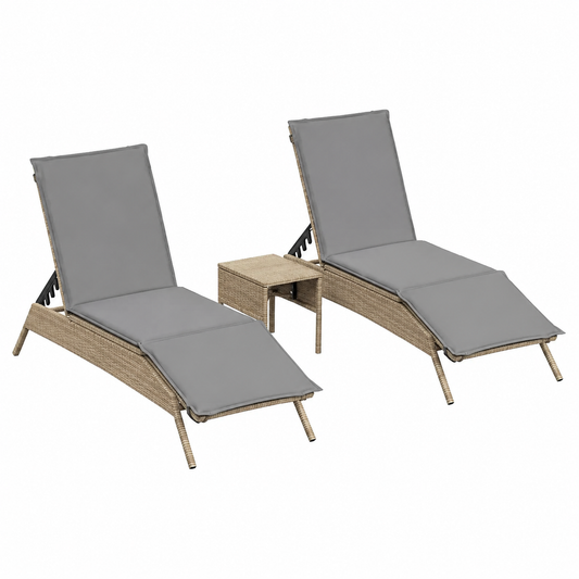 Ensemble de 2 chaises longues avec table en résine tressée beige