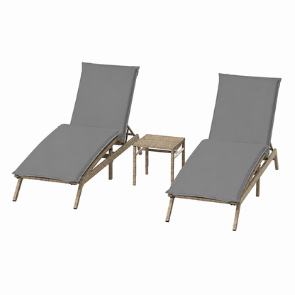 Ensemble de 2 chaises longues avec table en résine tressée beige