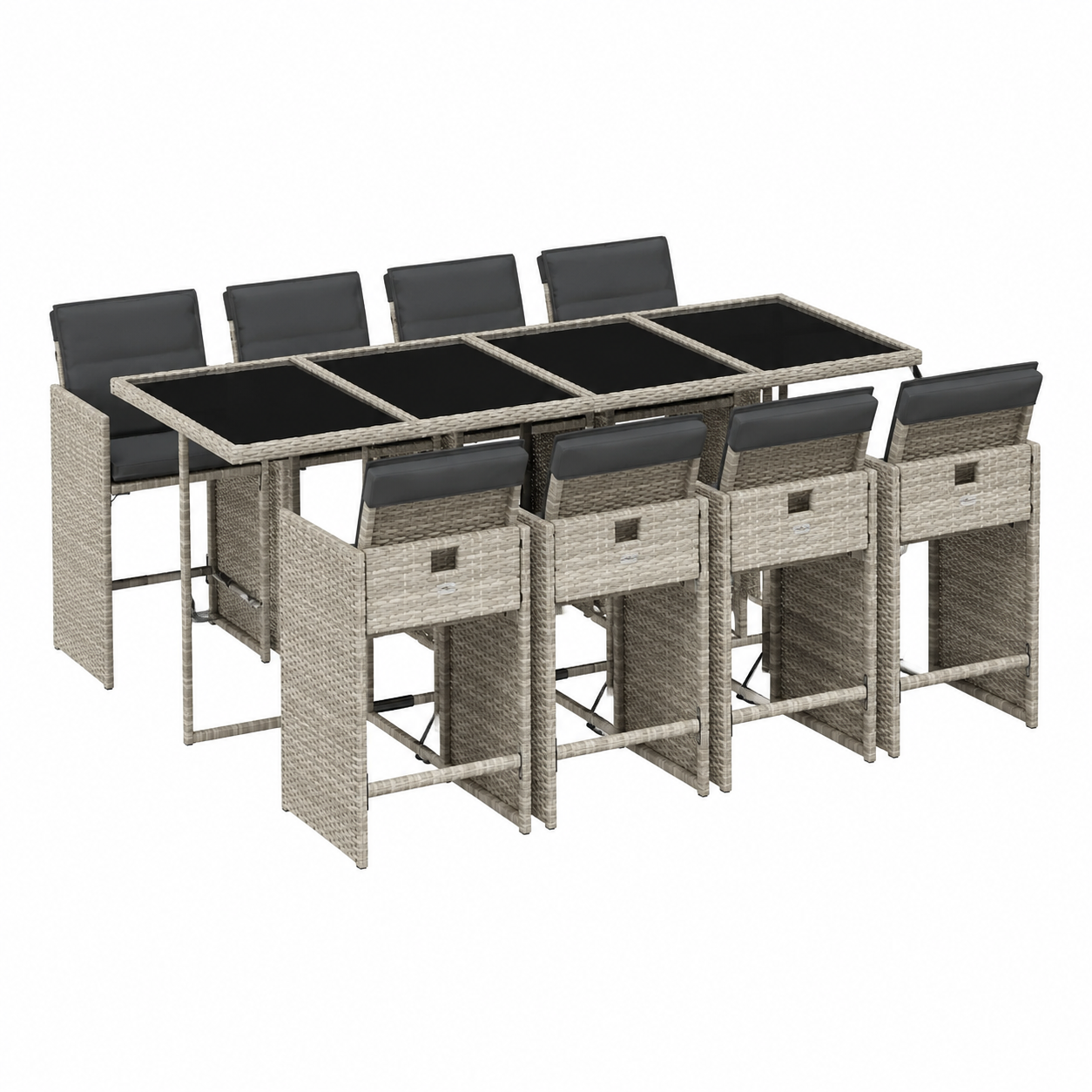 Set de salon de jardin 9 pièces avec coussins gris clair en rotin