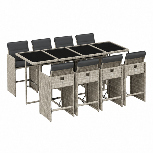 Set de salon de jardin 9 pièces avec coussins gris clair en rotin