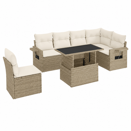 Ensemble de meubles de jardin en résine tressée beige 7 pièces avec coussins