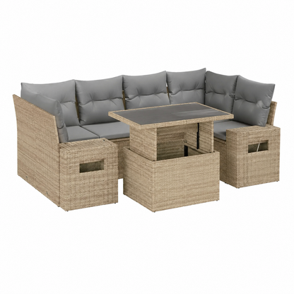 Ensemble d'extérieur 7 pièces avec coussins en résine tressée beige