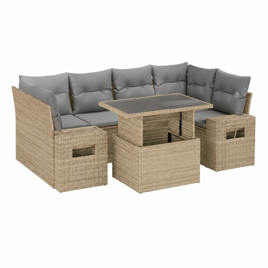 Ensemble d'extérieur 7 pièces avec coussins en résine tressée beige