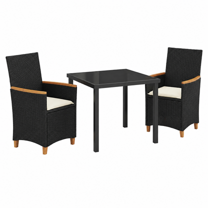 Ensemble de repas extérieur 3 pièces avec coussins en rotin noir