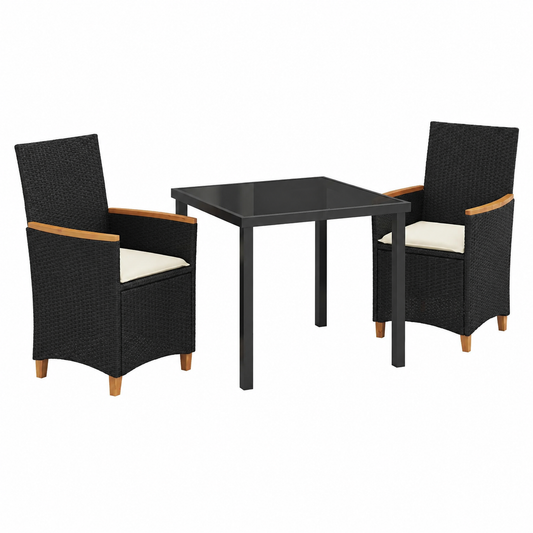 Ensemble de repas extérieur 3 pièces avec coussins en rotin noir