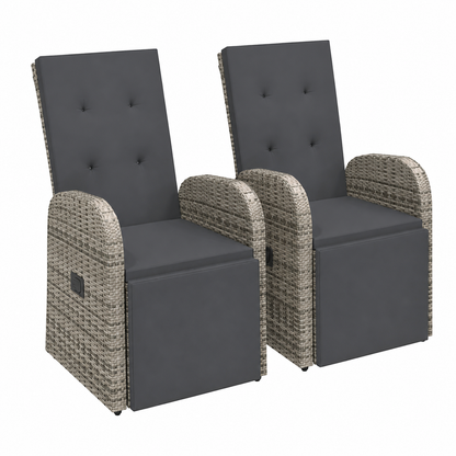 Ensemble de deux chaises de jardin inclinables avec coussins gris en résine tressée