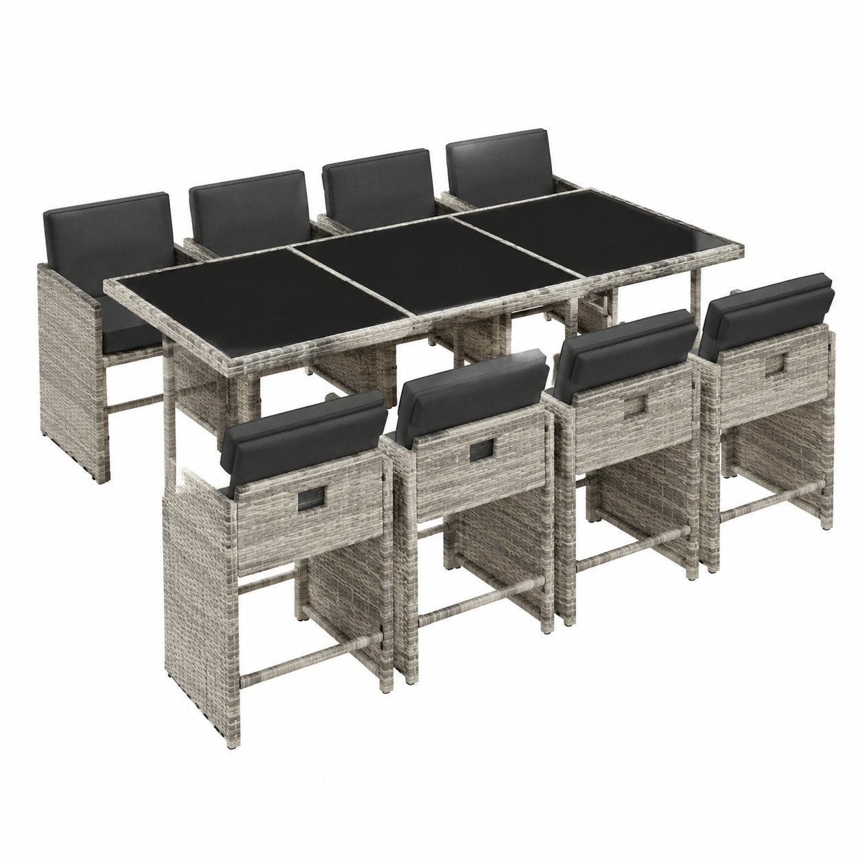 Set de salon de jardin 9 pièces avec coussins gris clair en rotin