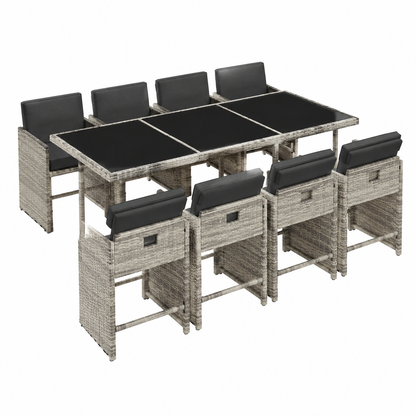 Set de salon de jardin 9 pièces avec coussins gris clair en rotin