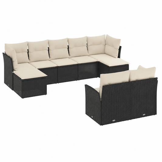 Ensemble de mobilier d'extérieur 9 pièces avec coussins noirs