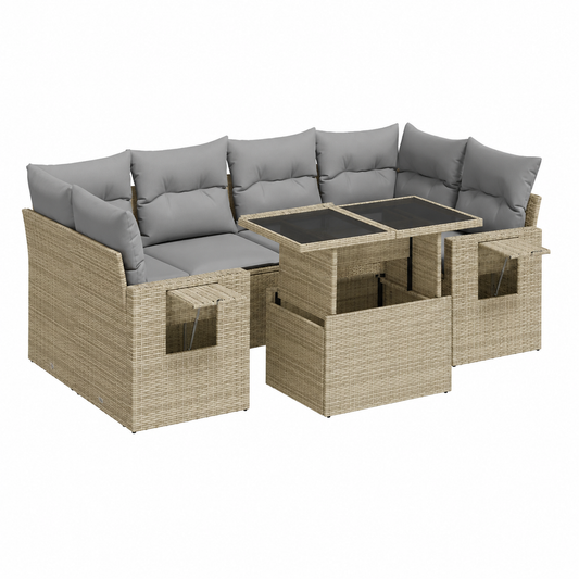 Ensemble d'extérieur 7 pièces avec coussins en résine tressée beige