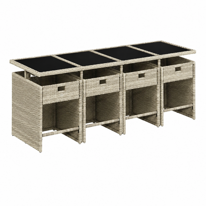 Set de salon de jardin 9 pièces avec coussins gris clair en rotin