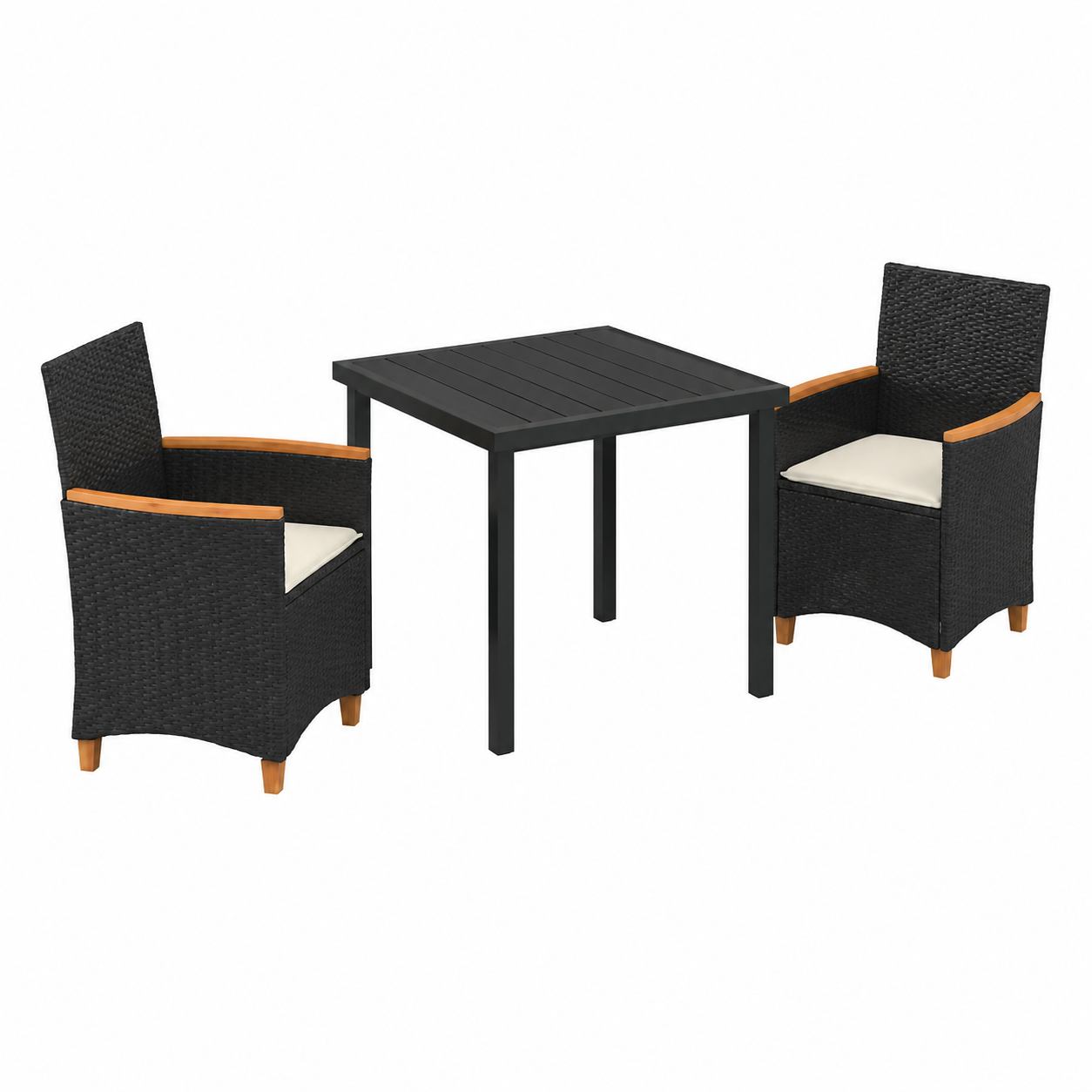 Ensemble de repas extérieur 3 pièces avec coussins en rotin noir